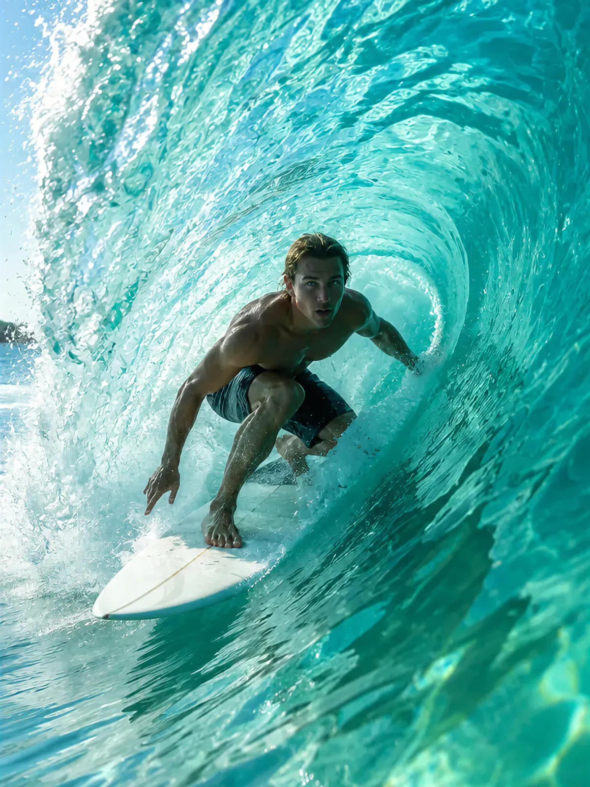 A surfer deep inside a turquoise wave, shot from the barrel