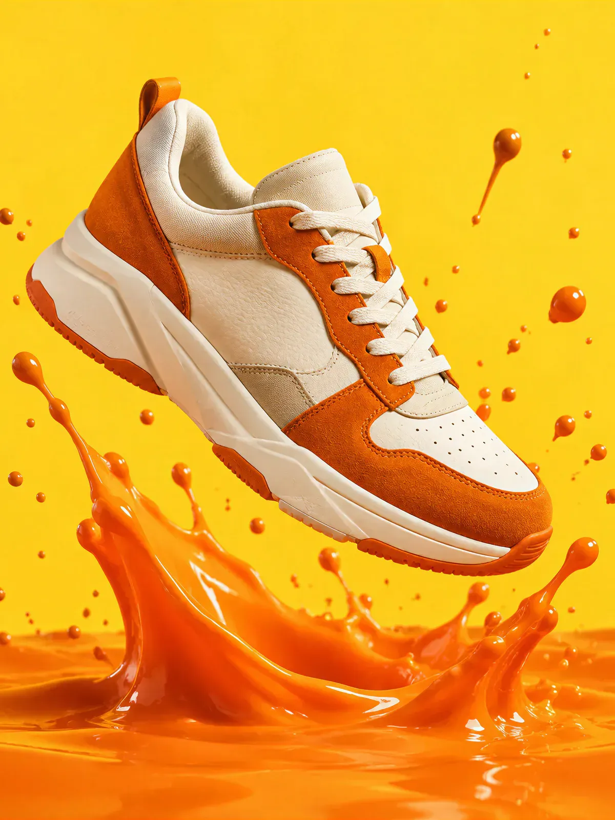 A sneaker bursting out of orange paint, studio product shot