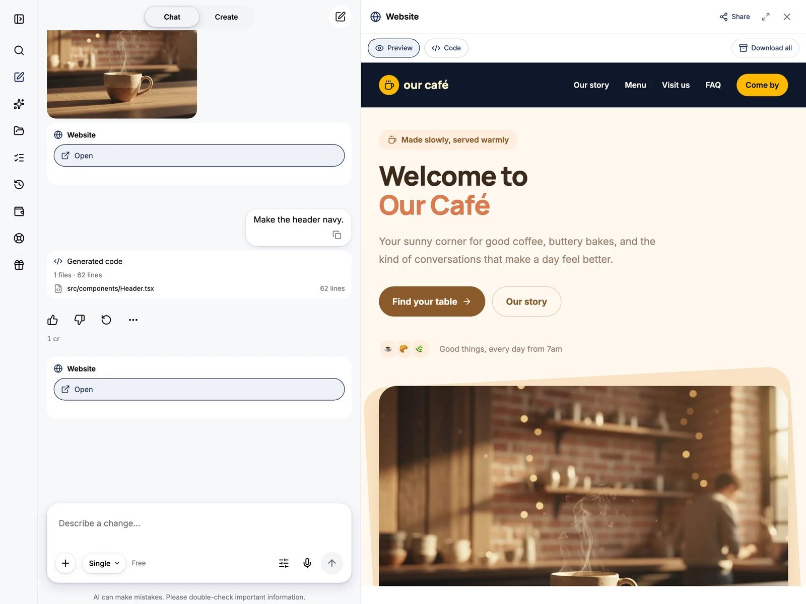 Building a website in the app: the chat on the left, the live preview on the right